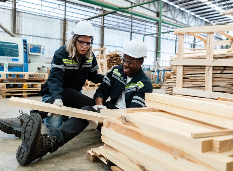 Factory Industrial accidents concept. Engineer accidents in wood processing industry. Insecurity from work Preventing accidents. First aid In the safety of co-workers.